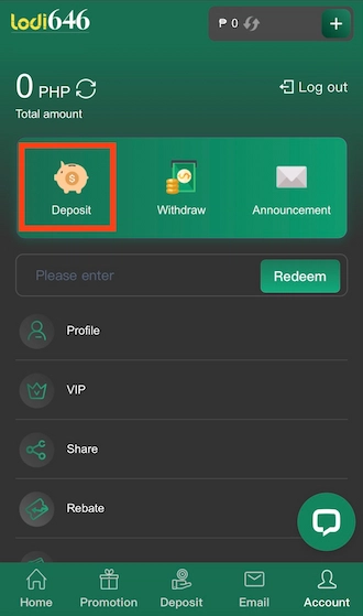 Step 1: Lodi646 VIP login and select “Deposit”.